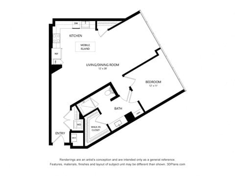 Floor plan for 1 bed, 1 bath, 925 sqft